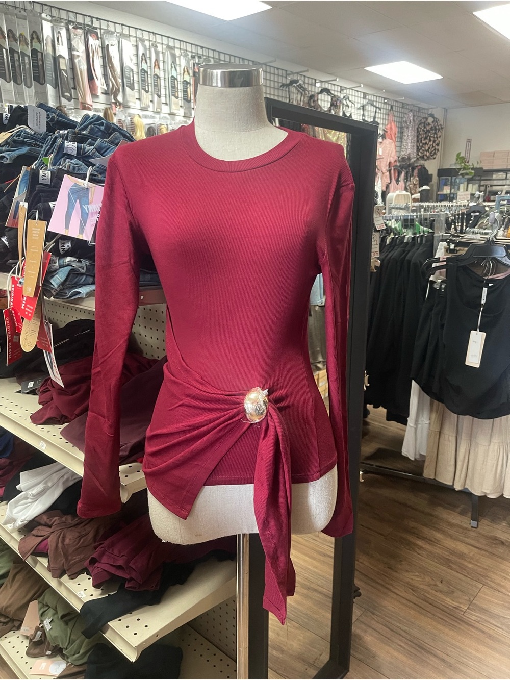 Twist-Front Long-Sleeve Blouse in Burgundy